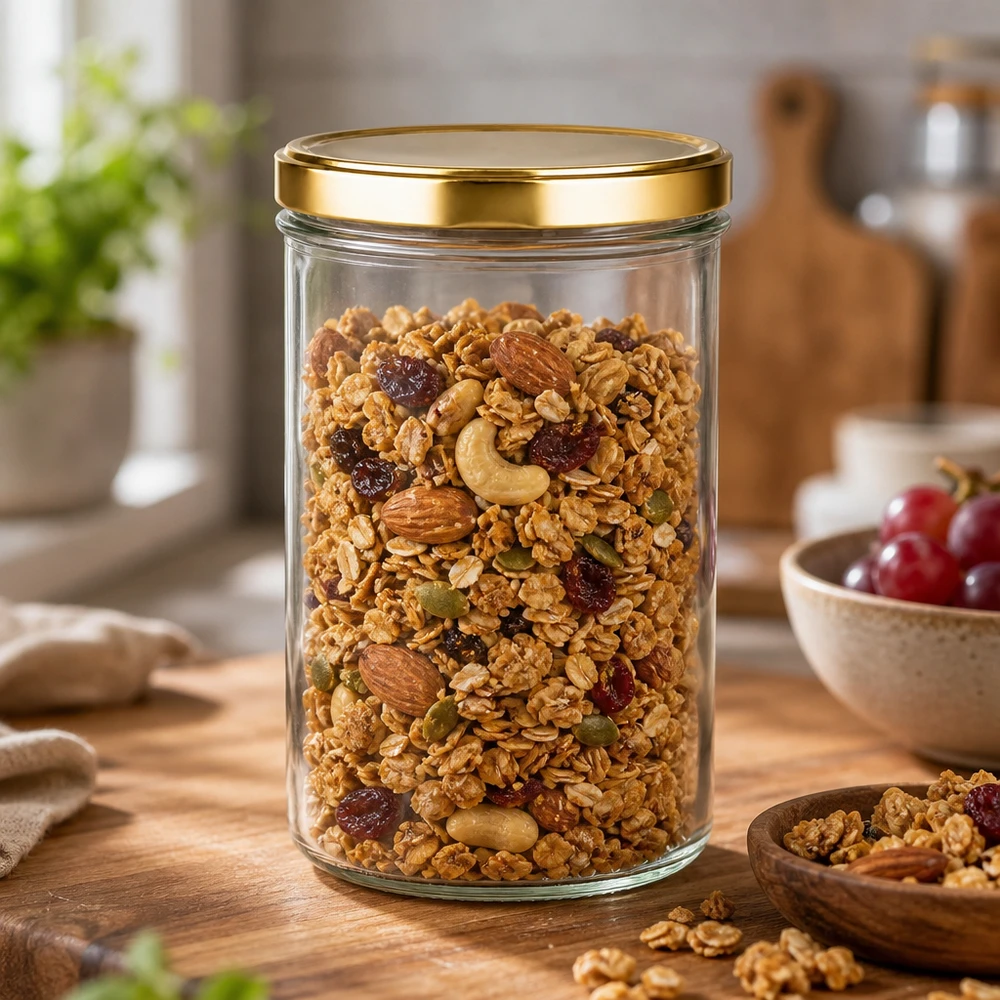 Tarro de cristal de 277 ml con tapa dorada UNiTWIST lleno de muesli, frutos secos y fruta deshidratada como tarro de almacenaje en la cocina