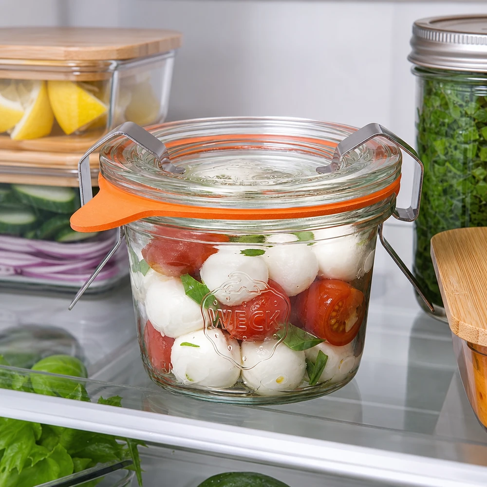 Vaso de 35ml completo WECK RR40 El tarro de cristal RR40 de 35 ml de WECK lleno de ensalada Caprese en el frigorífico muestra el práctico almacenamiento de alimentos frescos