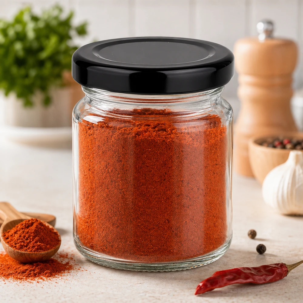 Tarro redondo de 53 ml con tapa negra lleno de pimentón rojo en polvo para guardar especias en la cocina moderna