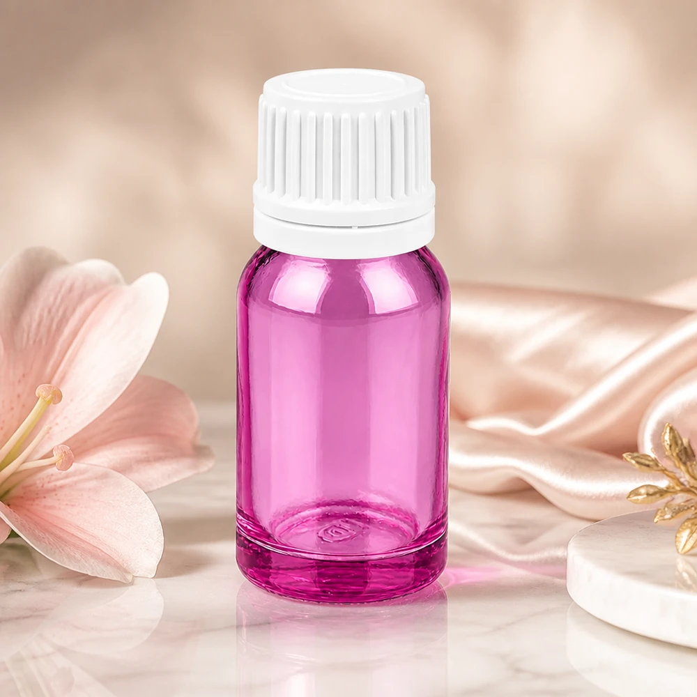 Frasco compacto de vidrio de 10 ml en elegante violeta con tapón blanco para belleza y bienestar