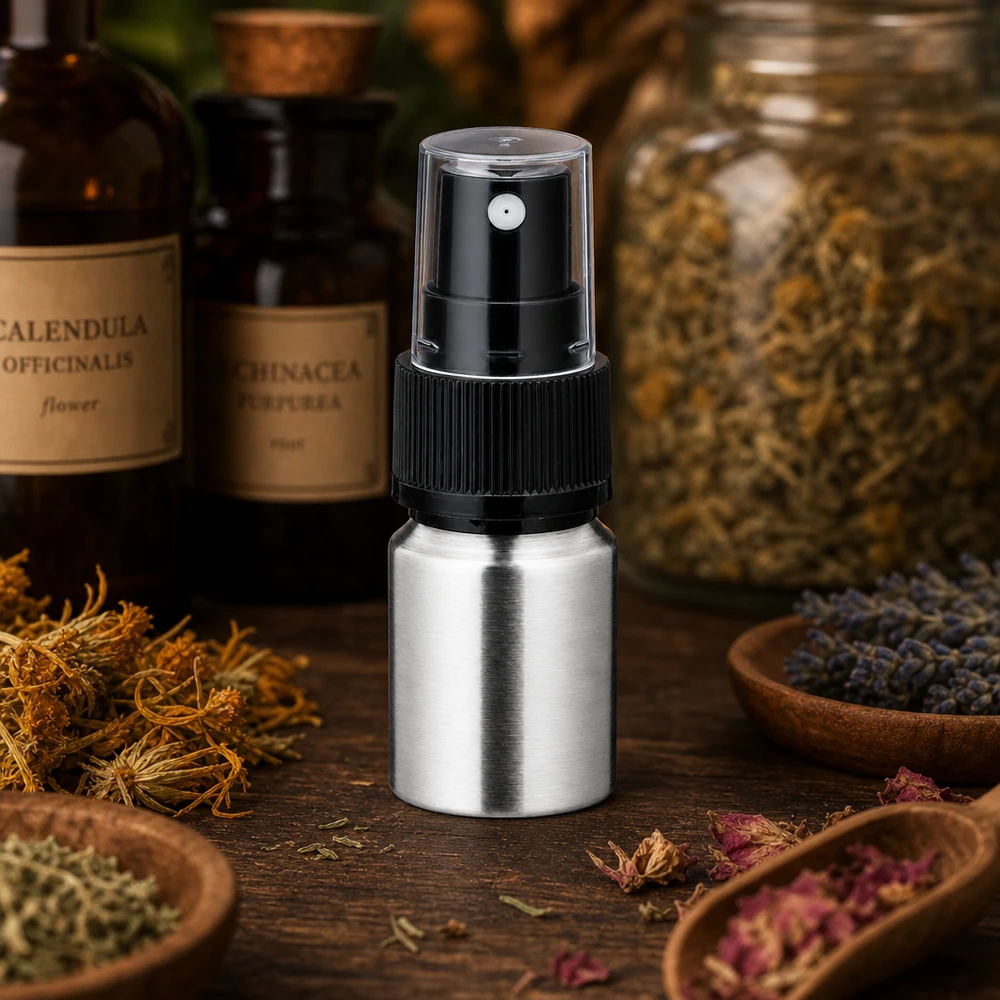 Botella de aluminio pulido de 10 ml con atomizador Frasco de aluminio pulido de 10 ml con bomba pulverizadora negra - atomizador premium para aromaterapia