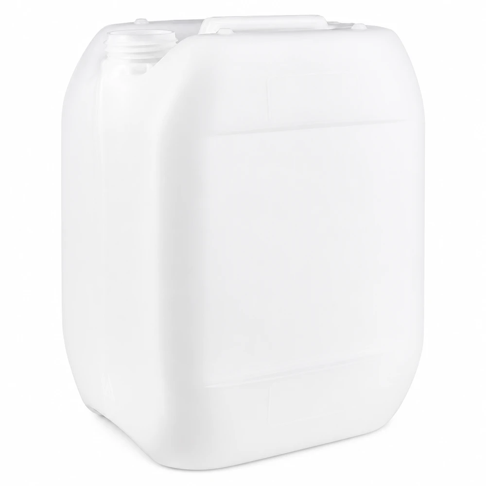 Bidón de plástico blanco de 10 litros sin tapón, fabricado en HDPE, con asa empotrada y cuello roscado