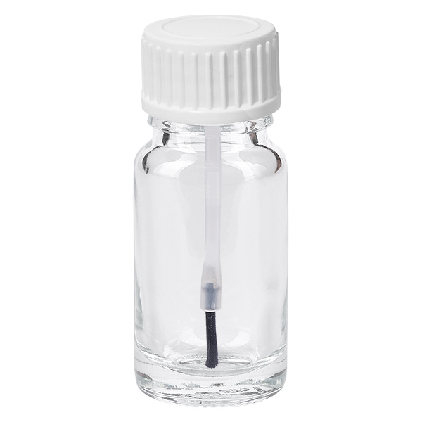Frasco pincel 10ml blanco tapón estándar ClearLine UT18/10 Frasco de cristal transparente de 10 ml con pincel, tapón de rosca blanco y aplicador de pincel integrado ClearLine