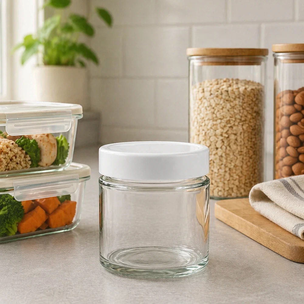 Tarro redondo 135ml + tapa BasicSeal blanco profundo UNiTWIST Tarro redondo de 135 ml con tapa BasicSeal blanca en Envases de cocina Recipientes para comida preparada Latas de conservas Organización en la cocina