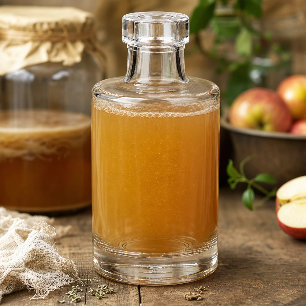 Botella de cristal de 100 ml de Marie llena de zumo de manzana junto a manzanas frescas y una cesta rústica de madera en una escena de cocina natural