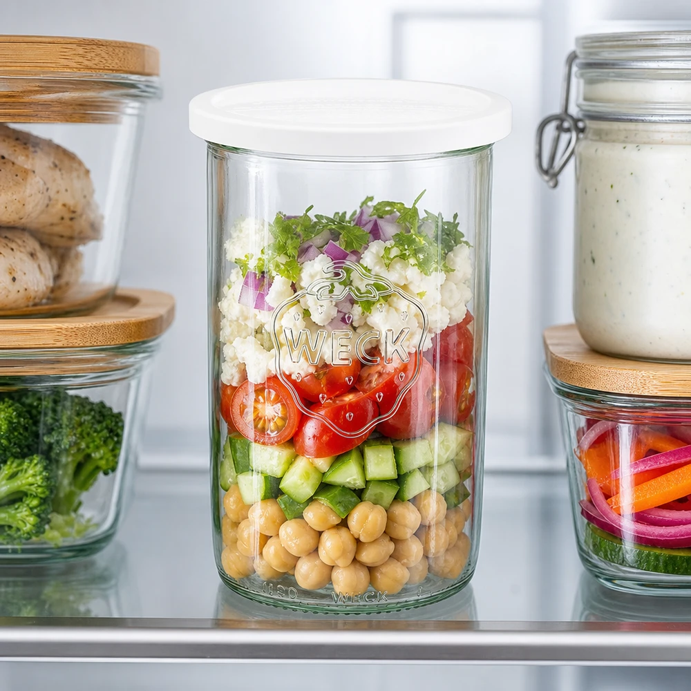 Vasos de 1000ml con tapa de frescor WECK RR100 El tarro RR100 de 1000 ml de WECK con ensalada de garbanzos, pepino y tomates muestra la función de preparación de comidas en el frigorífico.