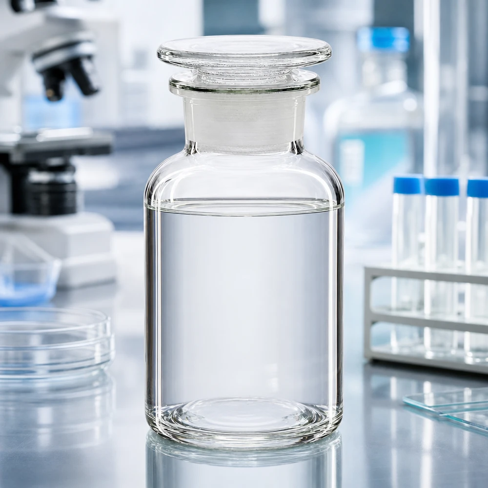 Frasco con hombro redondo 250ml tapón de vidrio transparente de cuello ancho Botella de hombros redondeados de 250 ml, de cuello ancho, de cristal transparente y con tapón de cristal, sobre una mesa de trabajo de laboratorio