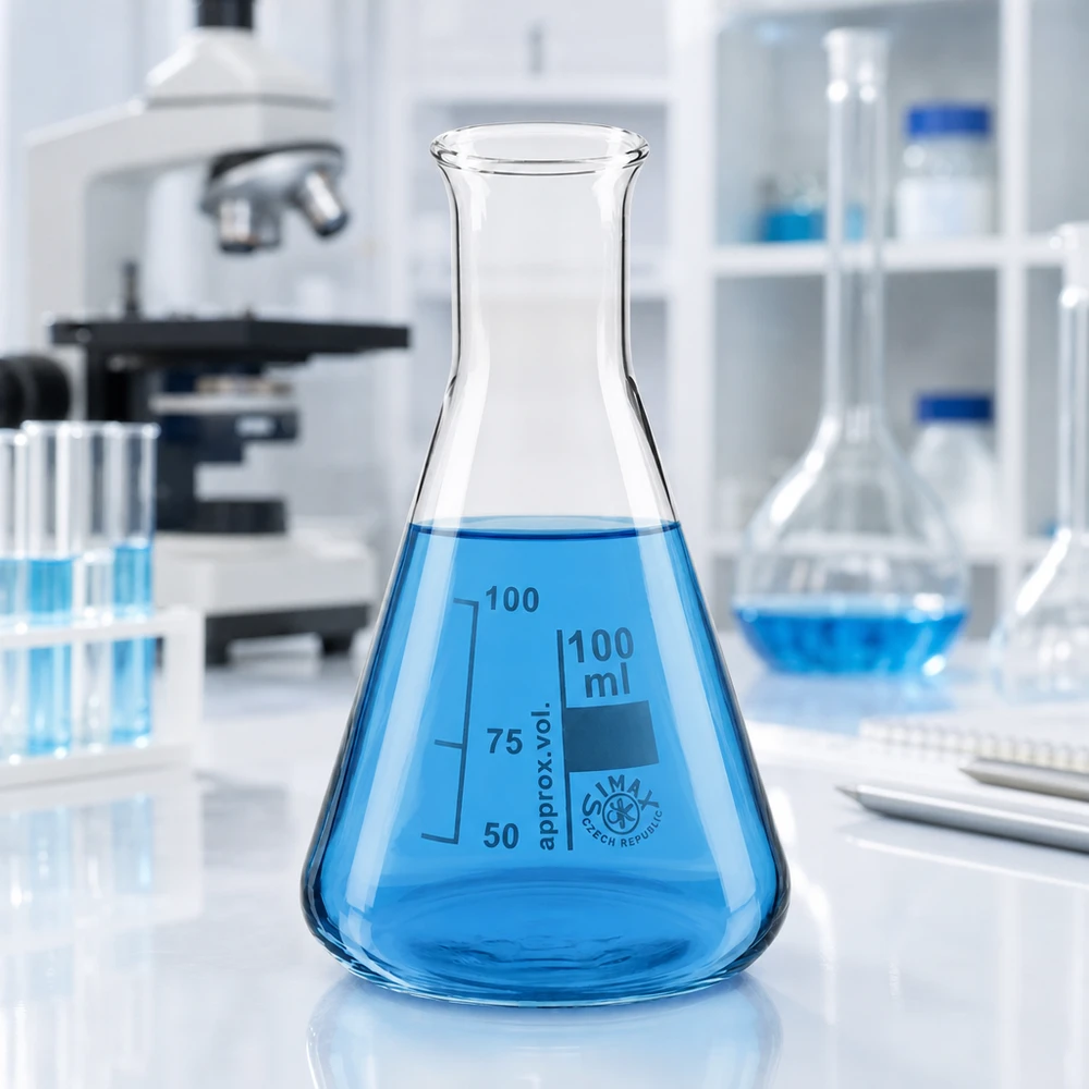 Matraz Erlenmeyer 100ml cuello estrecho Matraz Erlenmeyer cónico de 100 ml y cuello estrecho con líquido azul en un entorno estéril de laboratorio