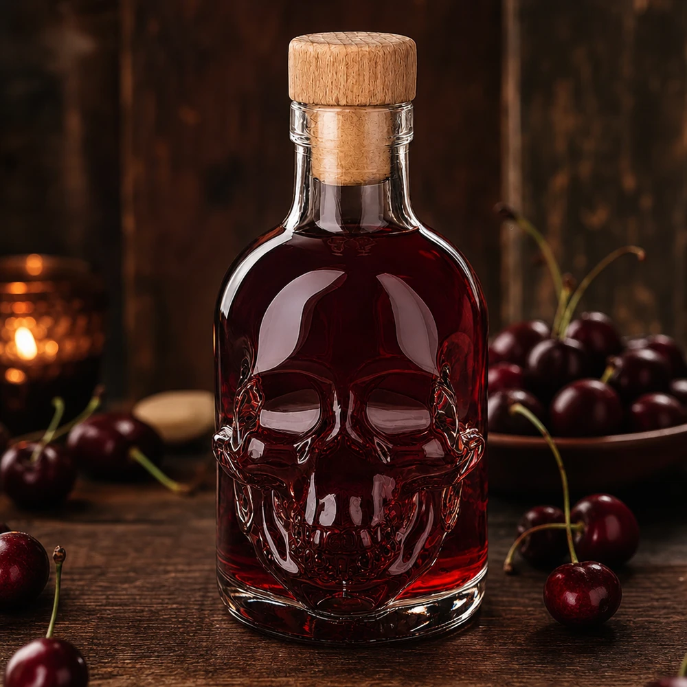 Botella de cristal de 200 ml de Jack con líquido de cereza roja y corcho de madera, rodeada de cerezas frescas
