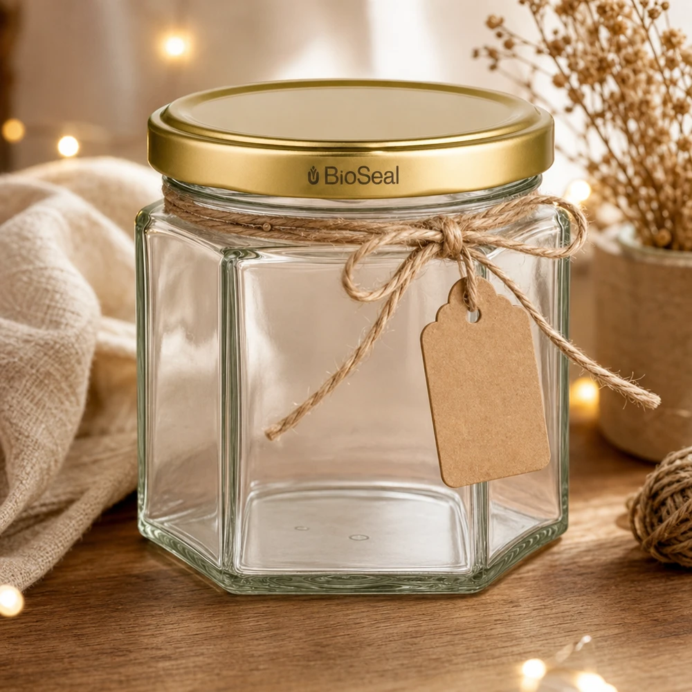 Tarro de cristal UNiTWIST Hexa47 con tapa BioSeal dorada y etiqueta de regalo en un acogedor ambiente de salón