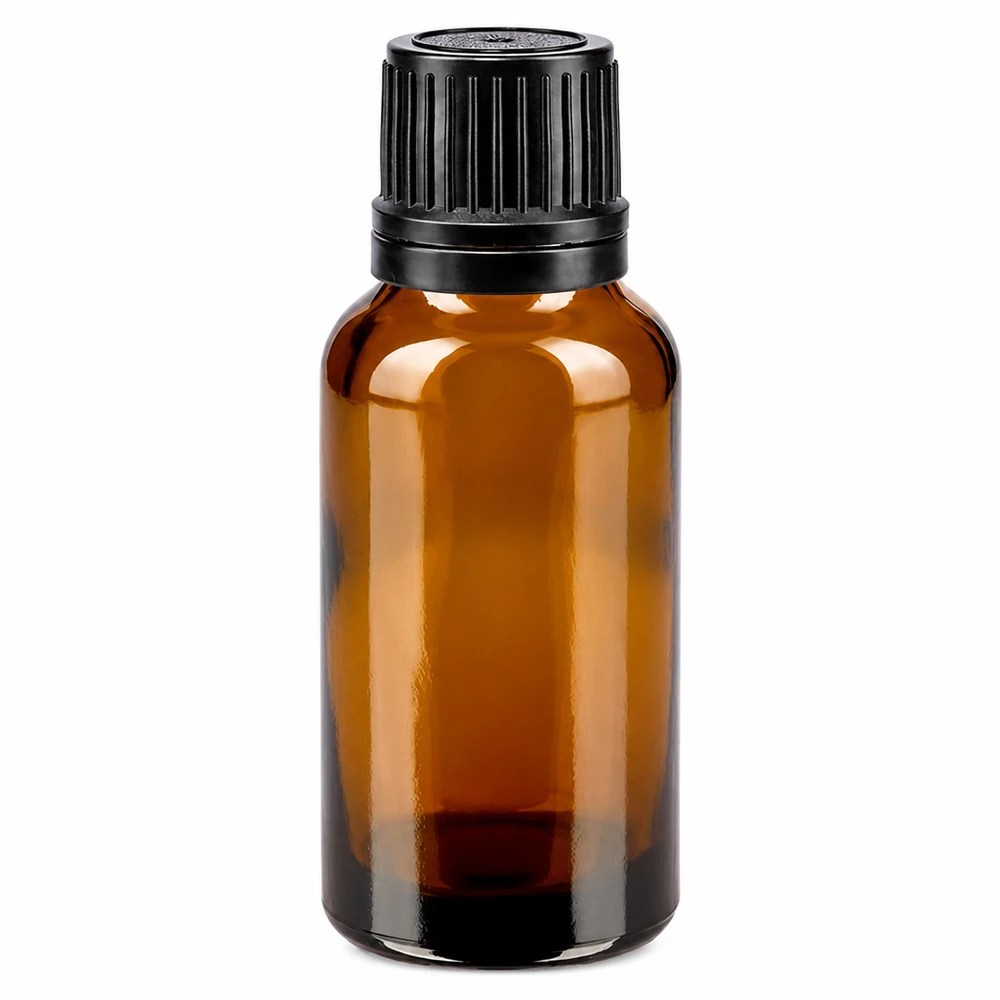 Frasco de vidrio ámbar de 20 ml con tapón OV negro, de 8 mm, de farmacia, vacío