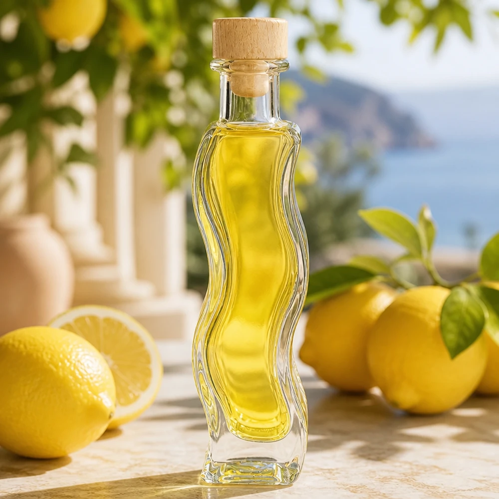 Botella de cristal Melissa 100ml llena de aceite amarillo junto a limones ambiente mediterráneo tapón de corcho