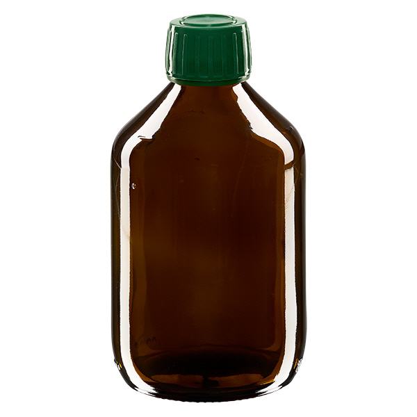 Frasco medicamento 300ml marrón, tapón verde con precinto de seguridad ApoGlas Frasco medicamento 300ml marrón, tapón verde con precinto de seguridad ApoGlas