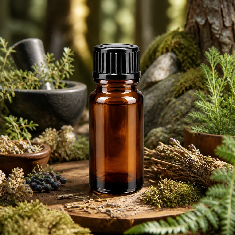 Frasco de cristal marrón de 10 ml con tapón cuentagotas negro, rodeado de hierbas del bosque y musgo