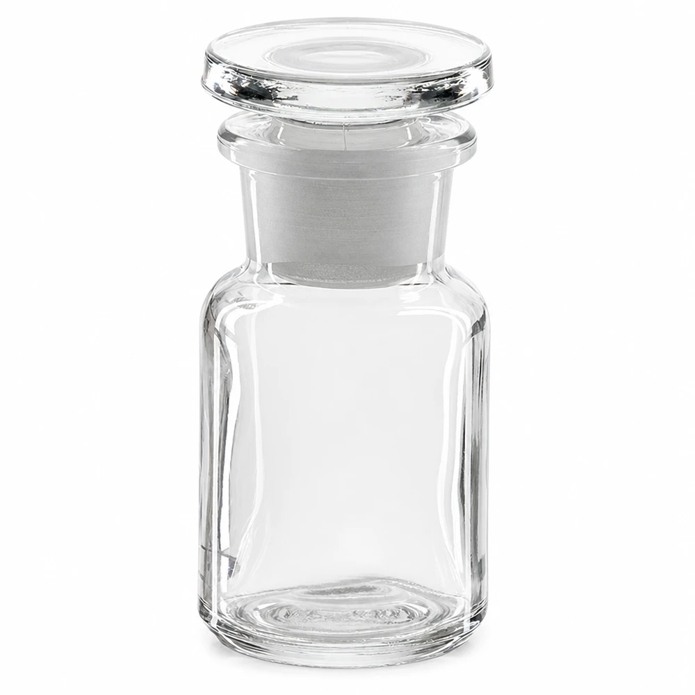 Botella transparente de hombros redondeados de 50 ml con tapón de cristal y boca ancha, para laboratorio y farmacia