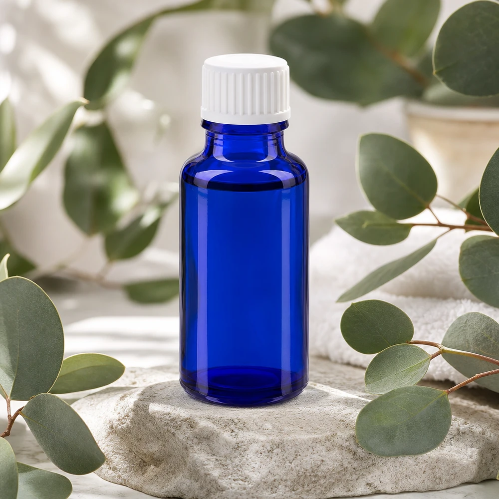Pequeño frasco de farmacia azul de 20 ml, de vidrio con protección UV, con tapón de rosca blanco sobre piedra natural