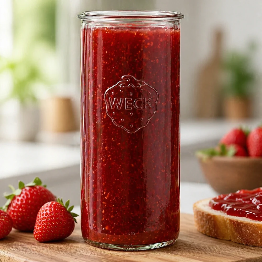 Tarro WECK RR100 de 1500 ml lleno de mermelada de fresa roja junto a fresas frescas y pan sobre una mesa de madera