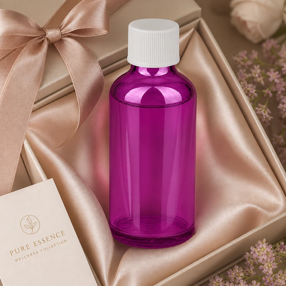 Frasco de 50 ml con tapón de rosca de 11 mm blanco estándar PurpleLine UT18/50 Frasco boticario de 50 ml en elegante vidrio violeta con tapón blanco a prueba de niños