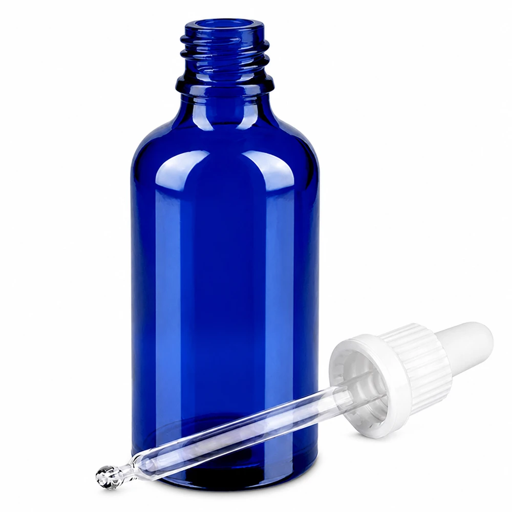 Frasco pipeta 50ml tapón inviolable blanco BlueLine UT18/50 Frasco de vidrio azul de 50 ml con pipeta OV BlueLine UT18/50 para cosméticos y aceites esenciales