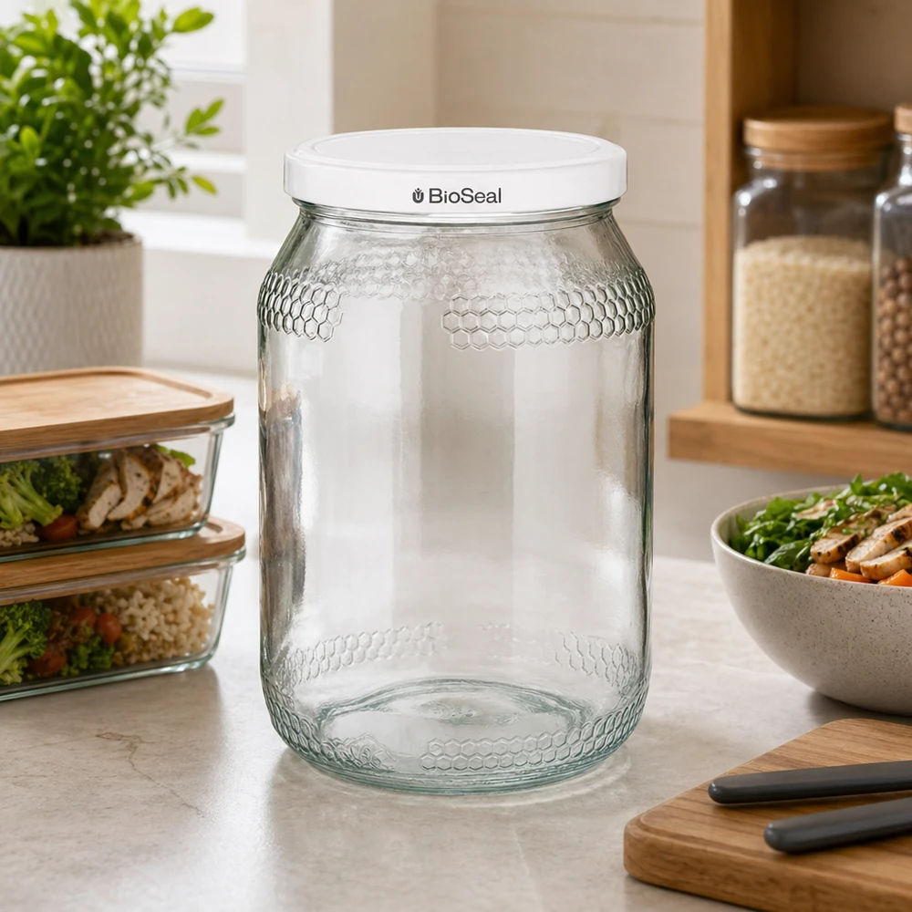 Tarro para miel de 1260 g con tapa blanca BioSeal UNiTWIST Tarro de miel vacío de 900 ml con tapa blanca BioSeal en una cocina moderna junto a tarros de almacenaje y ensaladera.