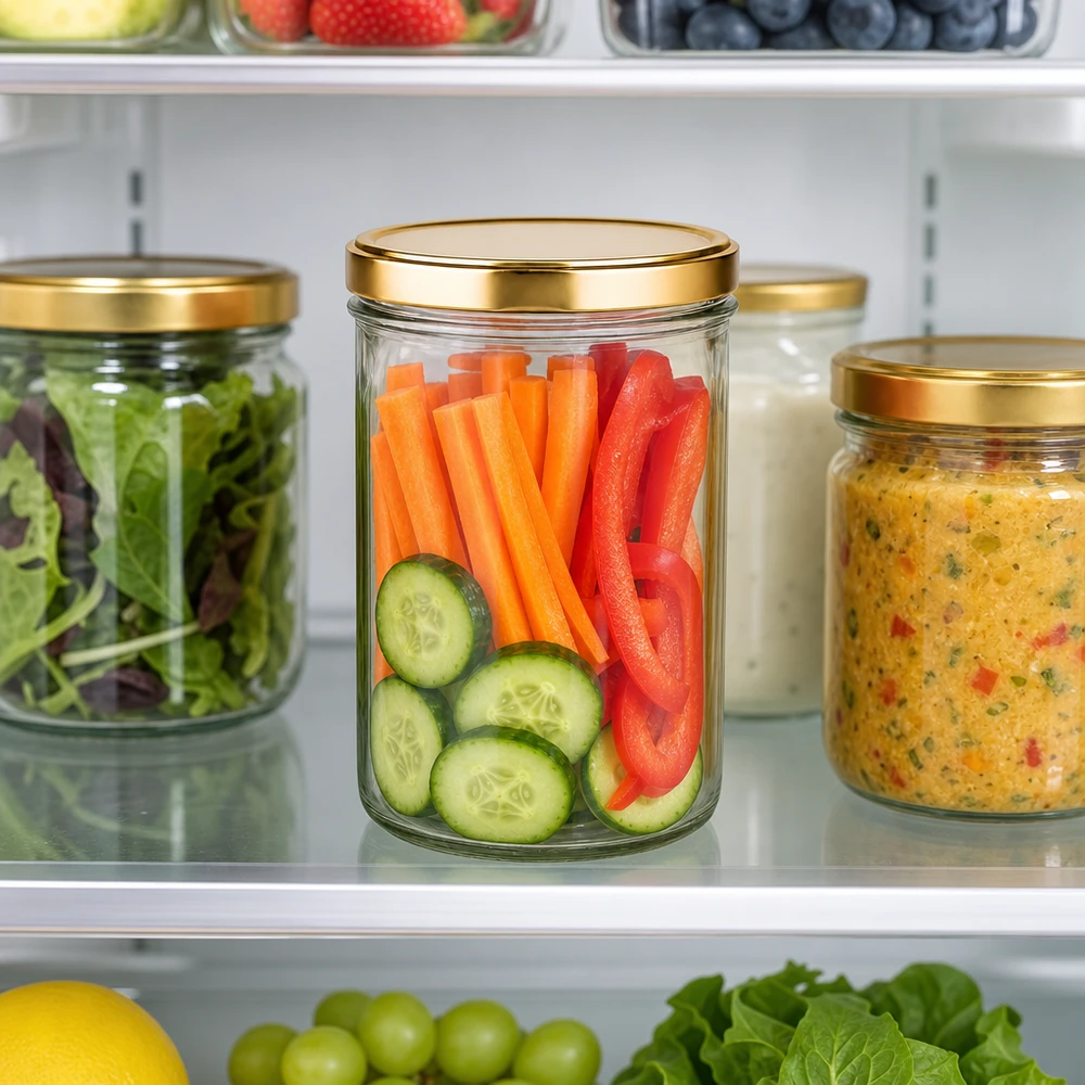 Vaso de 277ml con tapa BasicSeal oro UNiTWIST tarro de cristal de 277 ml con tapa dorada UNiTWIST en la nevera con verduras cortadas en rodajas zanahorias pimientos pepinos