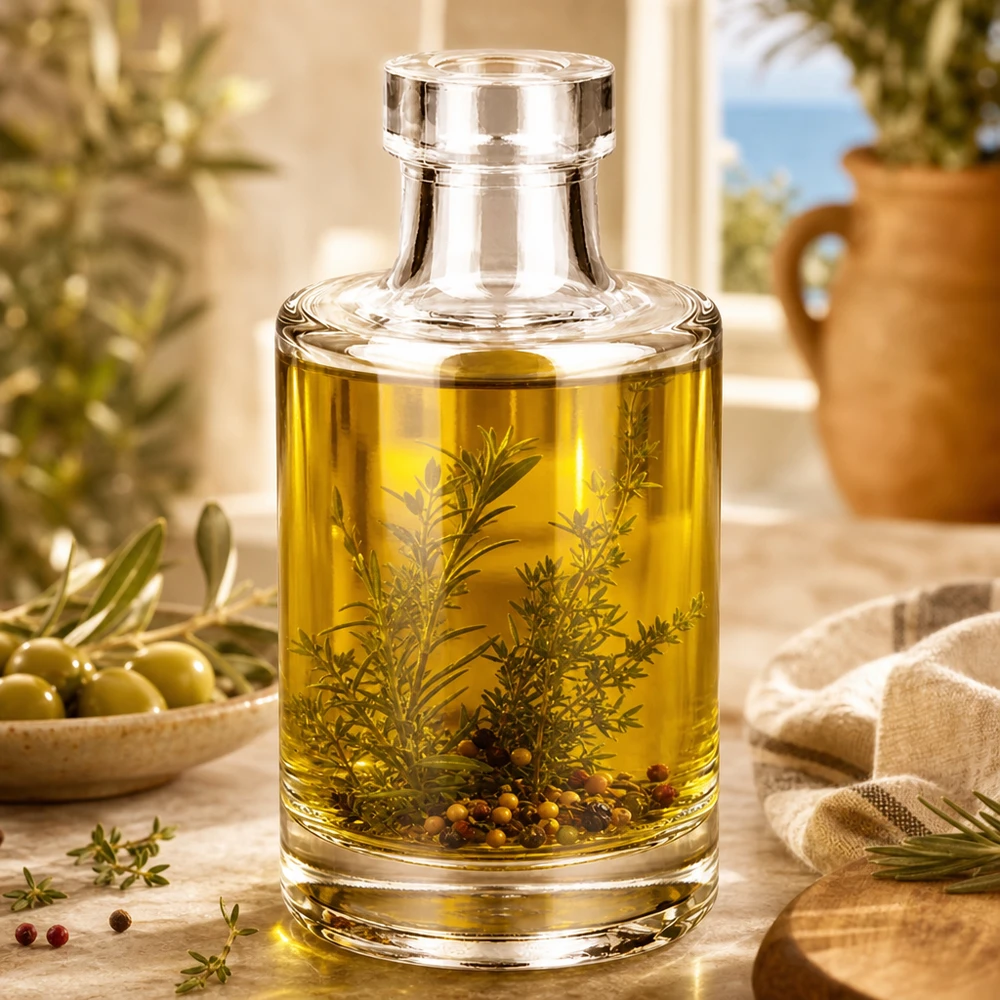 Botella de vidrio de 100 ml «Marie» sin tapón UNiTWIST® Botella de vidrio de 100 ml Marie llena de aceite de hierbas y especias como ejemplo de uso en la cocina y para la decoración