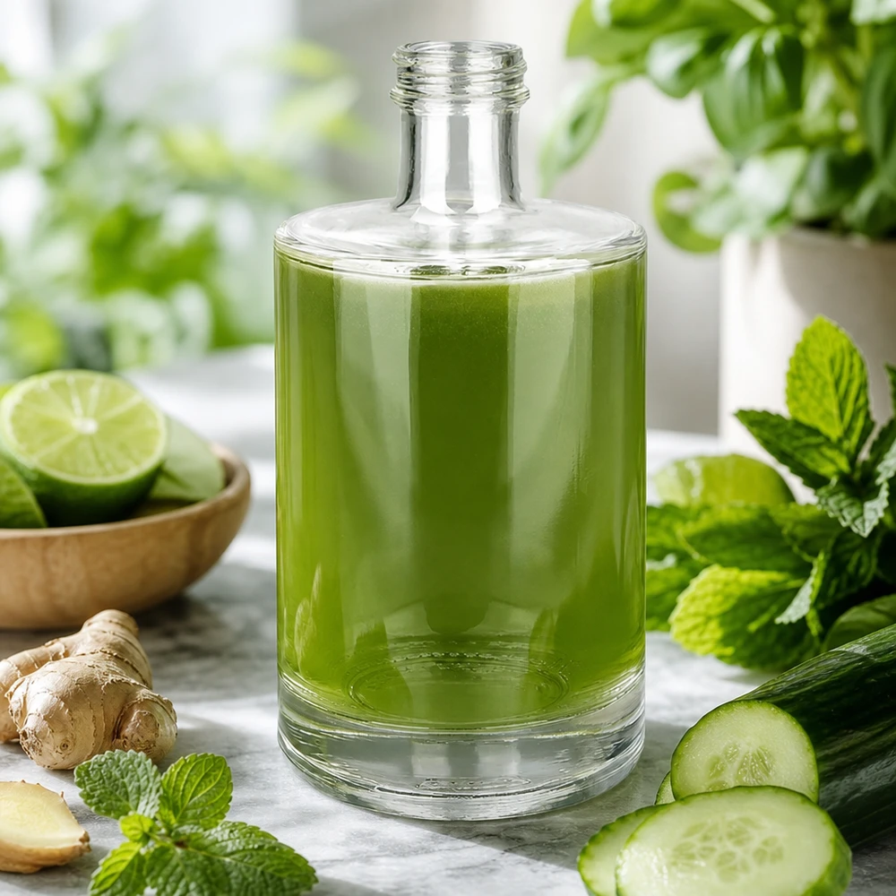 Botella de vidrio de 500 ml «Sam» sin tapón de rosca UNiTWIST® Botella de cristal de 500 ml Sam llena de batido verde rodeado de ingredientes frescos menta pepino jengibre lima