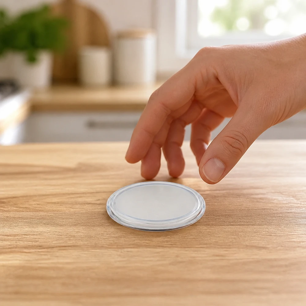 Tapa BasicSeal de 63 mm, blanca (TO63) UNiTWIST La tapa BasicSeal de 63 mm, blanca, modelo TO63, queda apoyada sobre la superficie de madera; la mano la agarra con UNiTWIST