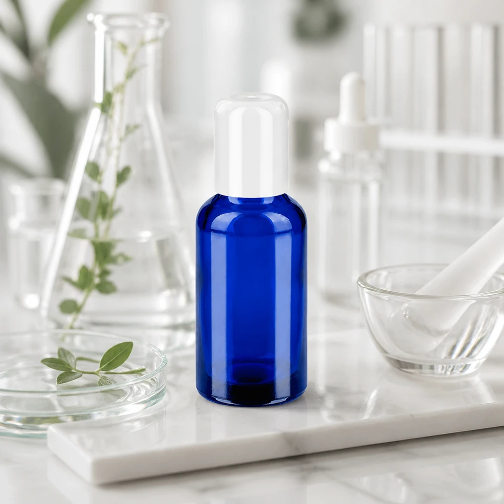 Frasco roll-on 30ml blanco tapón estándar BlueLine UT18/30 Frasco roll-on BlueLine de 30 ml con cristal azul Protección UV para sustancias fotosensibles