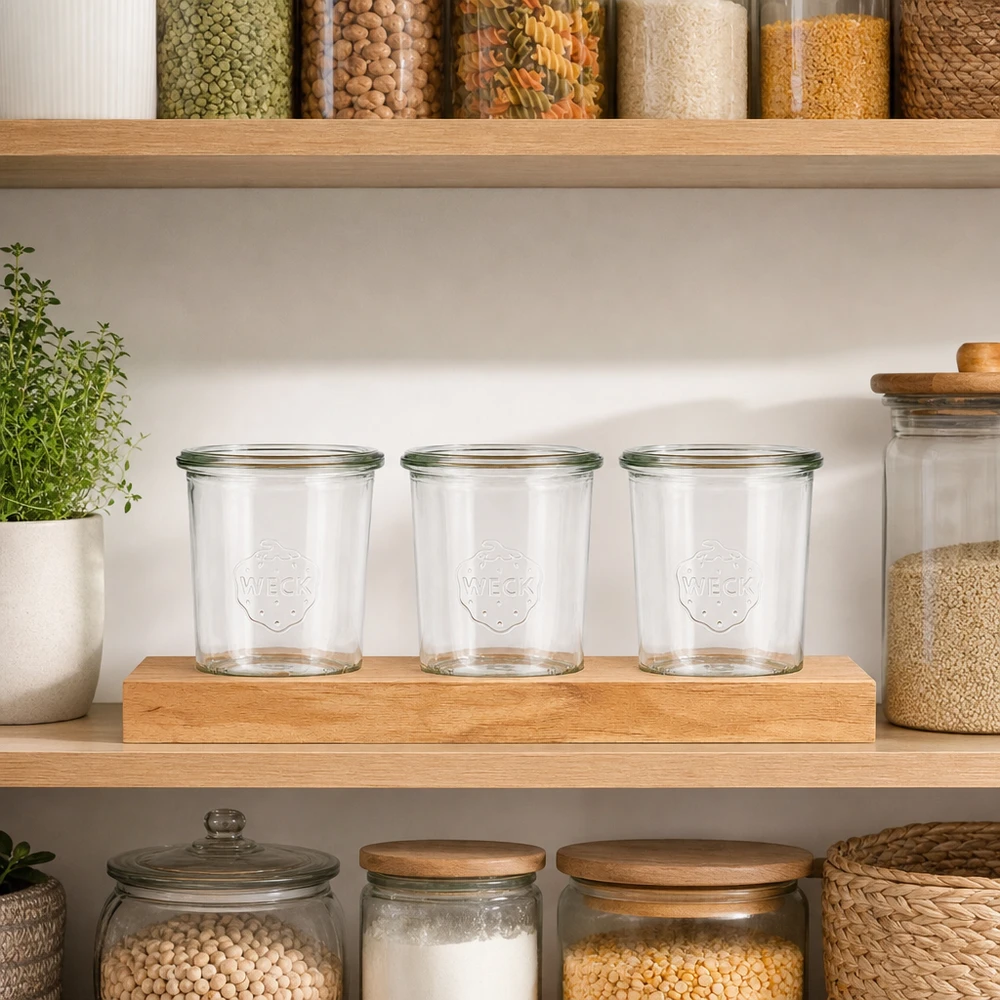 Vasos Weck 160ml vacíos sobre tabla de servir Plano3 en almacenamiento organizado cocina con recipientes para especias