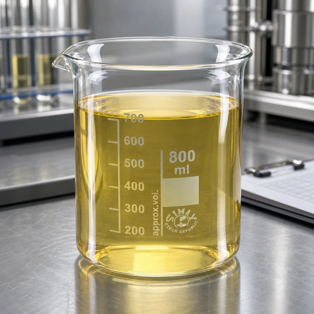 Vaso de laboratorio de 800 ml de robusto vidrio de borosilicato con líquido de ensayo amarillo sobre mesa de laboratorio