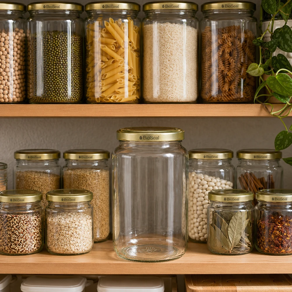 1000g BioSeal tarro de miel en la cocina de almacenamiento organizado con pasta arroz y especias muestra perfecta cocina de almacenamiento