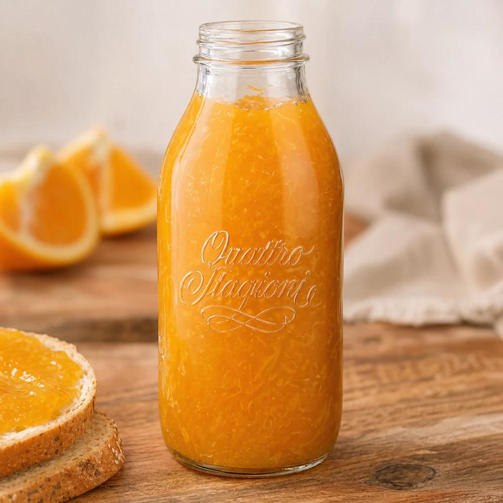 Botella de cristal de 1000ml "Quattro Stagioni" QS56mm Botella de cuello ancho de 1000 ml de Quattro Stagioni con zumo de naranja natural en una mesa de madera con rodajas de naranja