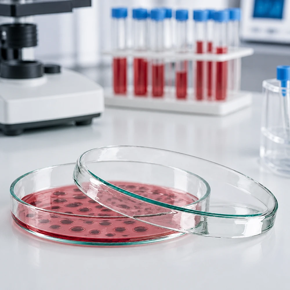 Placa Petri 100x10mm vidrio Placa de Petri de cristal de 100 x 10 mm con medio de cultivo rojo y colonias en el laboratorio microbiológico