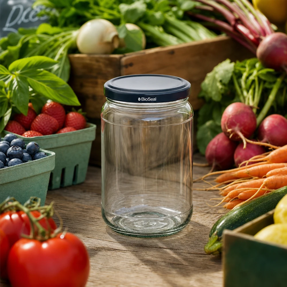 Tarro redondo de 305 ml + tapa BioSeal negra UNiTWIST UNiTWIST Runda305 Vorratsglas mit schwarzem BioSeal Deckel inmitten frischem Marktgemüse und Obst auf Holztisch