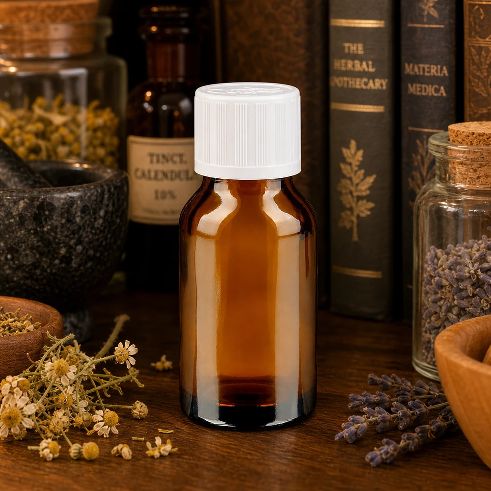 Pequeño frasco de farmacia marrón de 30 ml con tapón blanco KiSi, entre hierbas y libros sobre plantas medicinales