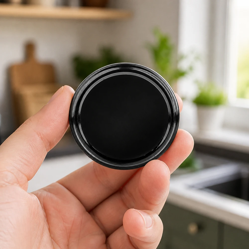 Tapa BasicSeal de 63 mm, negra (TO63) UNiTWIST Mano sosteniendo una tapa negra de 63 mm para tarros de conserva TO63 BasicSeal de UNiTWIST en un entorno de cocina