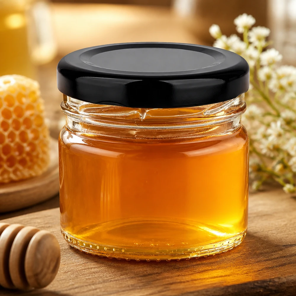 Miel en un frasco redondo de cristal de 33 ml con tapa BasicSeal negra, junto a un panal de abeja sobre una mesa de madera