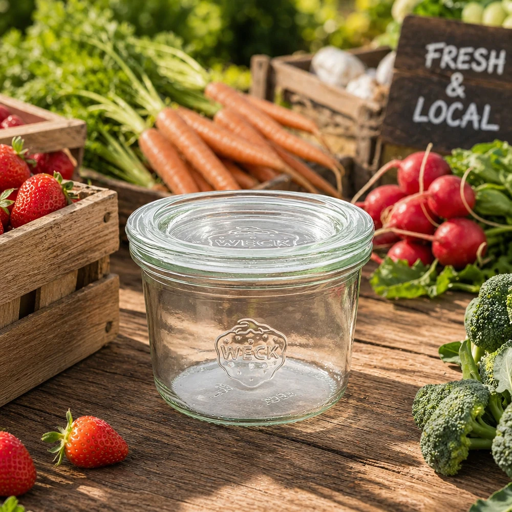 WECK vasos 80ml RR60 rodeado de verduras frescas fruta en mesa de madera Farmers Market Fresh Local signo
