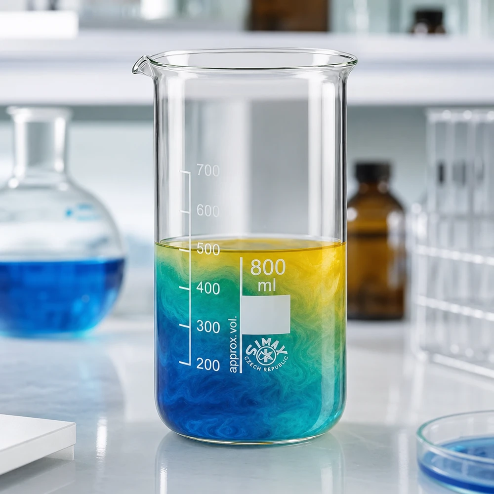 Vaso de precipitados de 800 ml, de forma alta, con un líquido de degradado de colores que va del azul al amarillo, en el laboratorio