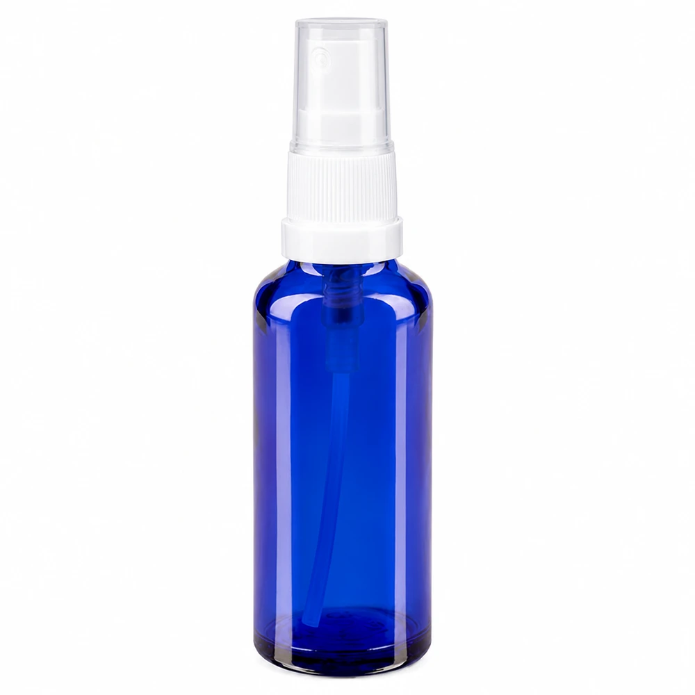 Frasco de cristal azul de farmacia de 10 ml con pulverizador blanco y tapón protector transparente
