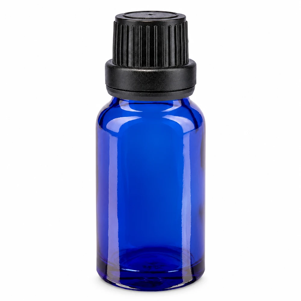 Botella de farmacia azul 10ml tapón cuentagotas anillo vertedor 2mm cierre inviolable negro Frasco de cristal azul de 10 ml con tapón de seguridad negro y gotero de 2 mm fabricado en cristal de farmacia