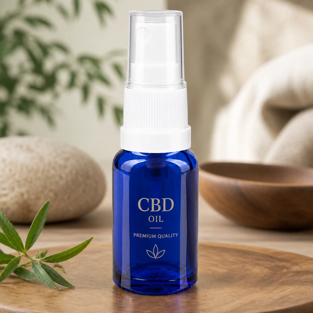 Botella de farmacia azul 10ml pulverizador blanco Frasco pulverizador de 10 ml de cristal azul de farmacia con dosificador de bomba para aceite de CBD y cosmética natural