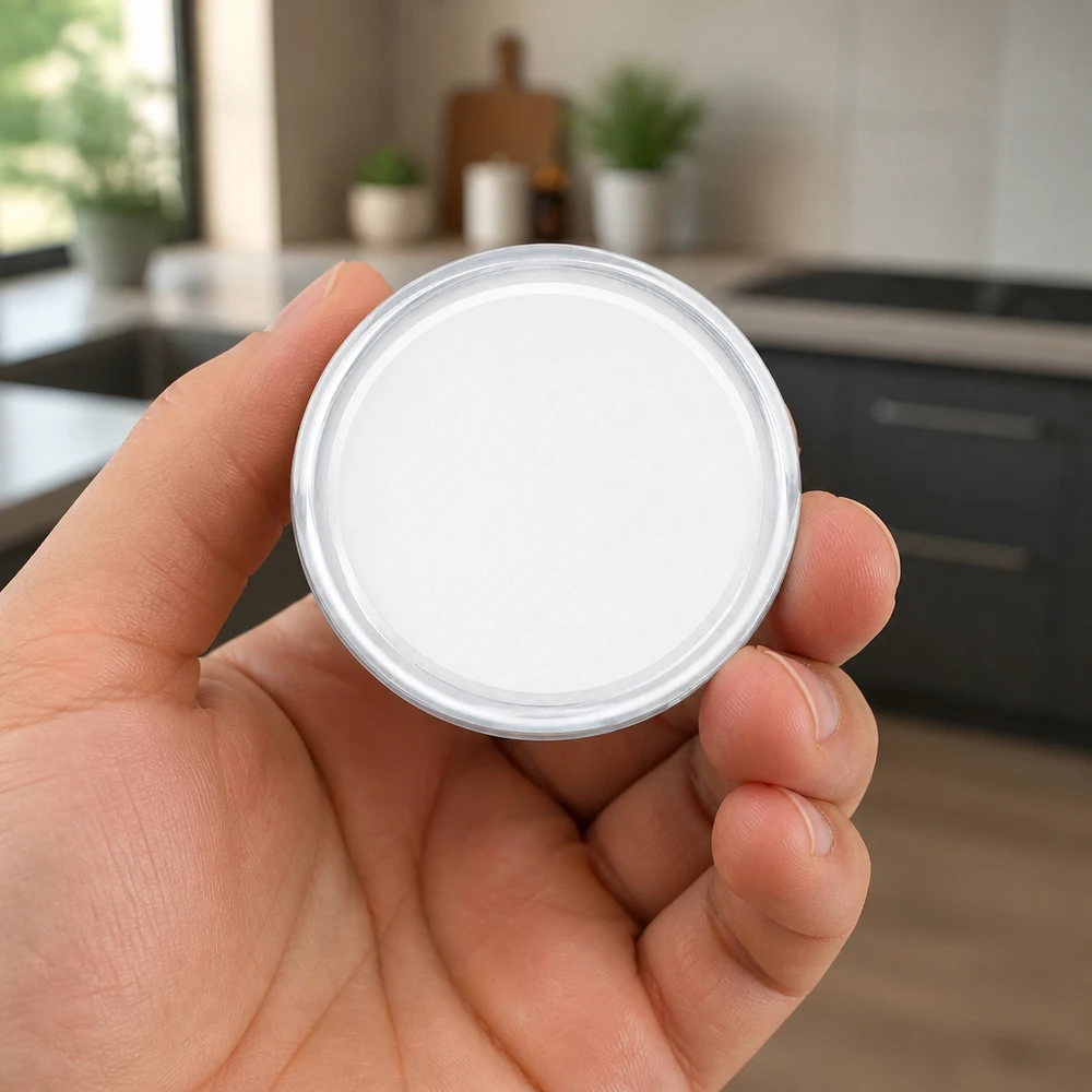 Una mano sujeta una tapa blanca de 58 mm con cierre de rosca BasicSeal TO58 UniTwist en una cocina moderna
