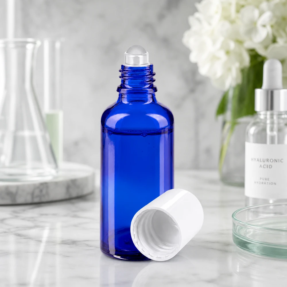 Frasco de farmacia azul de 50 ml abierto, con aplicador de bola rodante, junto a un sérum de ácido hialurónico