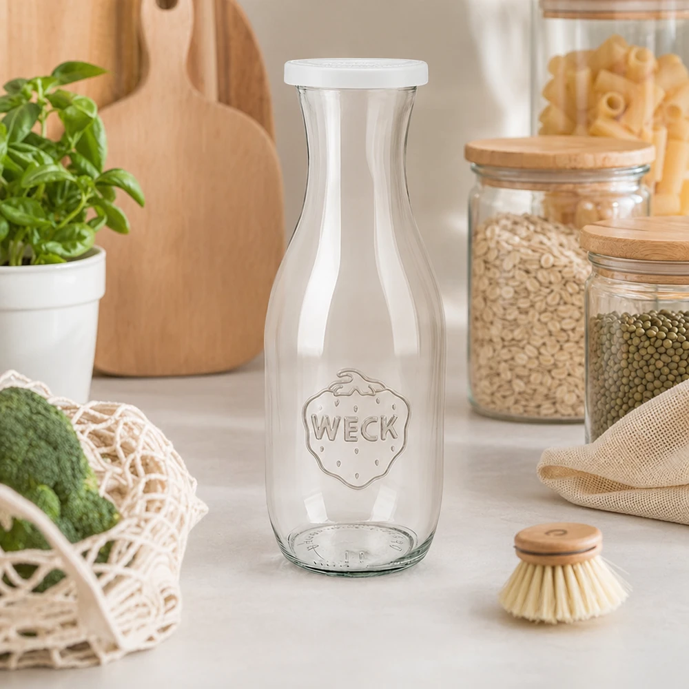 Botella para zumos de 1062 ml con tapa hermética WECK RR60 Botella de zumo WECK de 1062 ml en cocina sostenible de residuo cero con tarros de almacenamiento y utensilios ecológicos