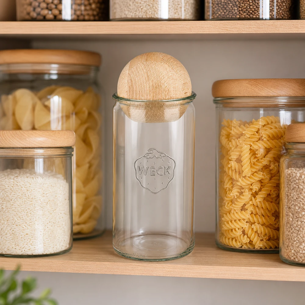 Tarro cilíndrico WECK 1590ml RR100 con bola de madera en una cocina de almacenaje organizado junto al arroz, la pasta y otros alimentos