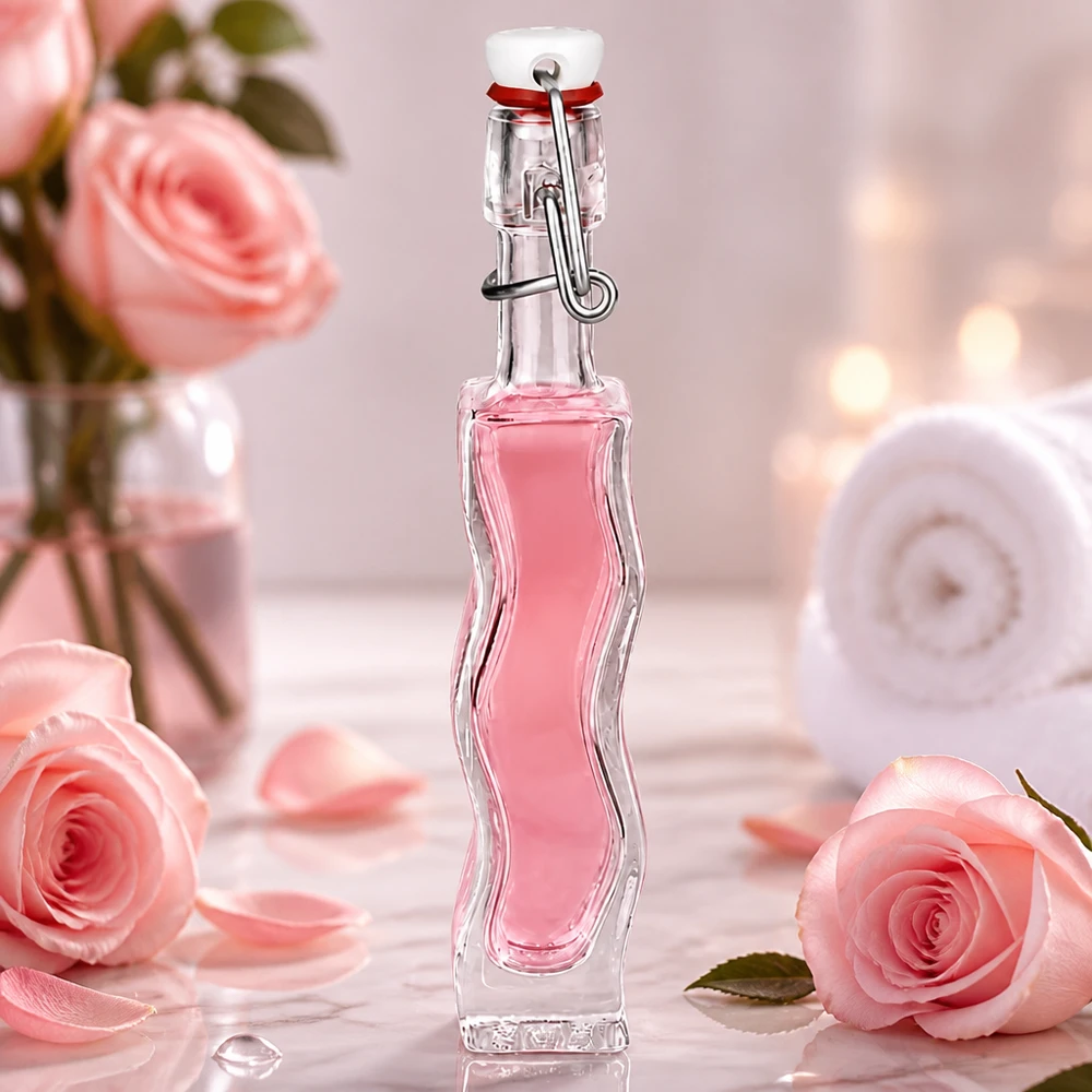 Botella de cristal Anna de 40 ml con líquido rosa en un romántico decorado con rosas y suaves colores pastel