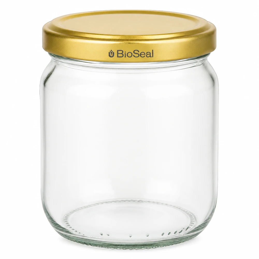 Tarro de miel de 500 g vacío con tapa de rosca BioSeal dorada para miel y mermelada