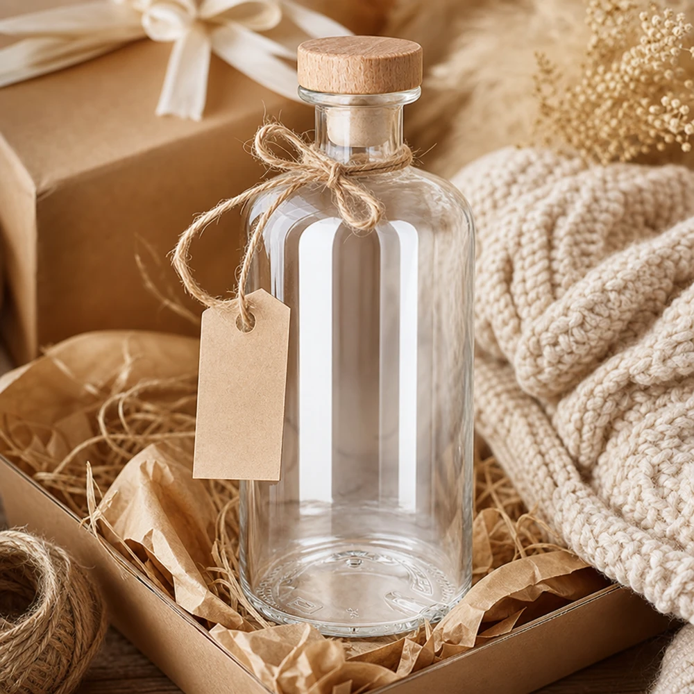 Botella de cristal Flora de 500 ml con corcho de madera y etiqueta de regalo en embalaje de regalo rústico con cordón de yute